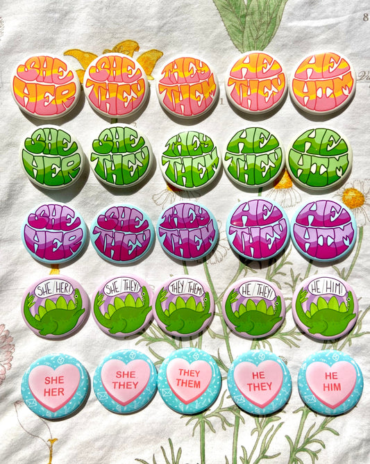 Pronoun Buttons | Retro Colorful Dinosaur Conversation Hearts