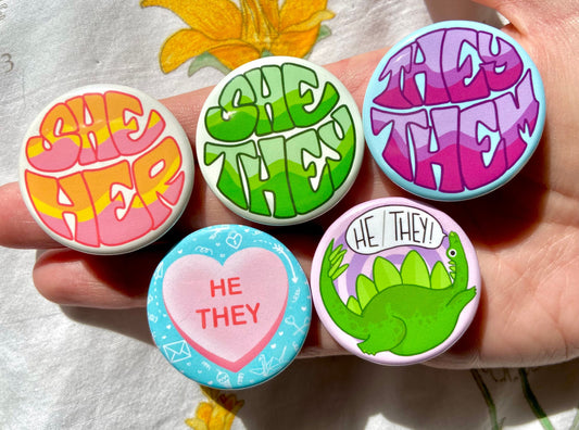 Pronoun Buttons | Retro Colorful Dinosaur Conversation Hearts